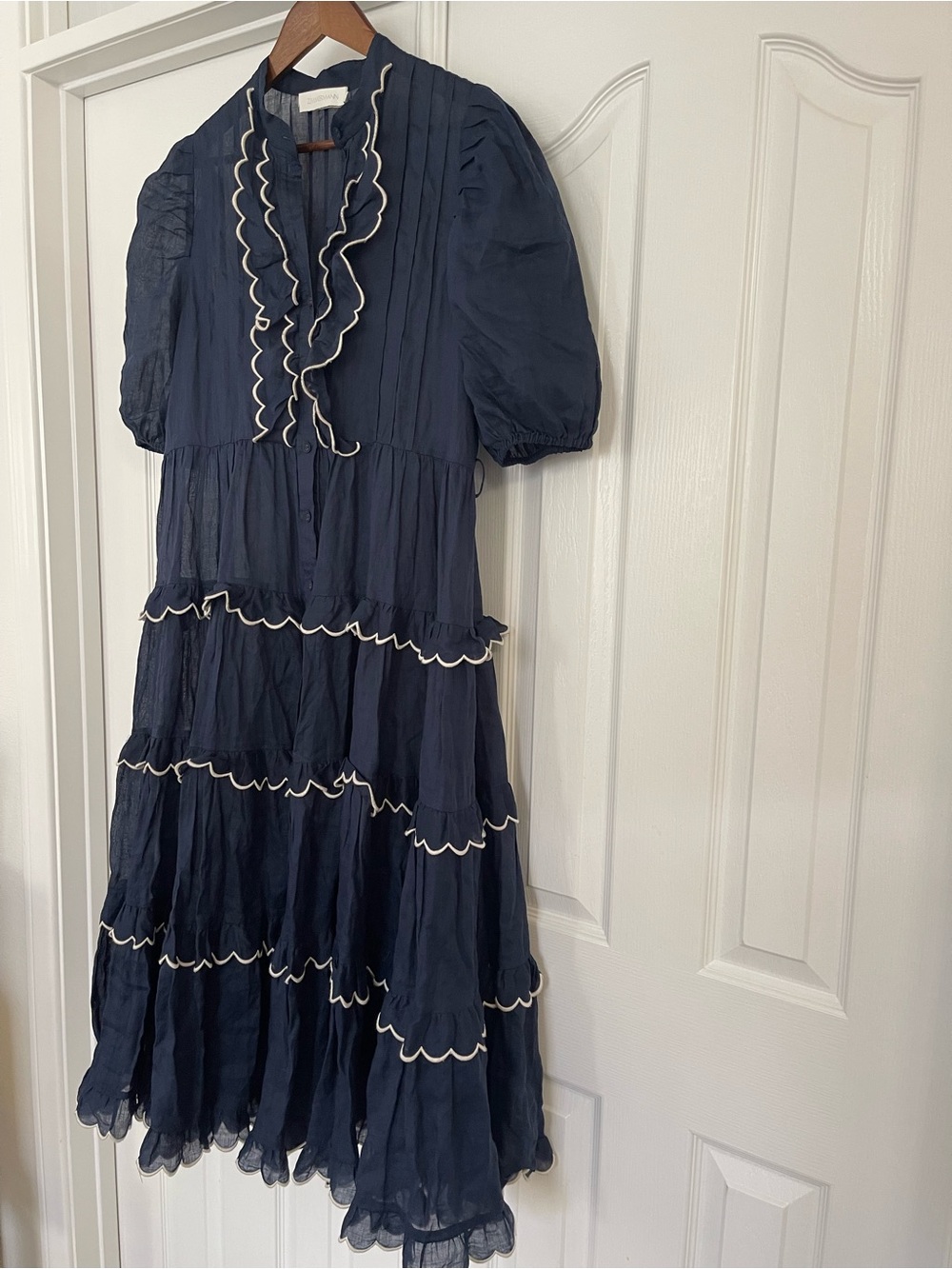Zimmermann Navy Ruffle Tiered with white trim Midi Dress Contrast missing belt 4 - Picture 7 of 11